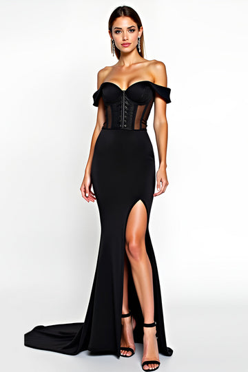 Off The Shoulder Mermaid Corset Black Tie Dress With Slit